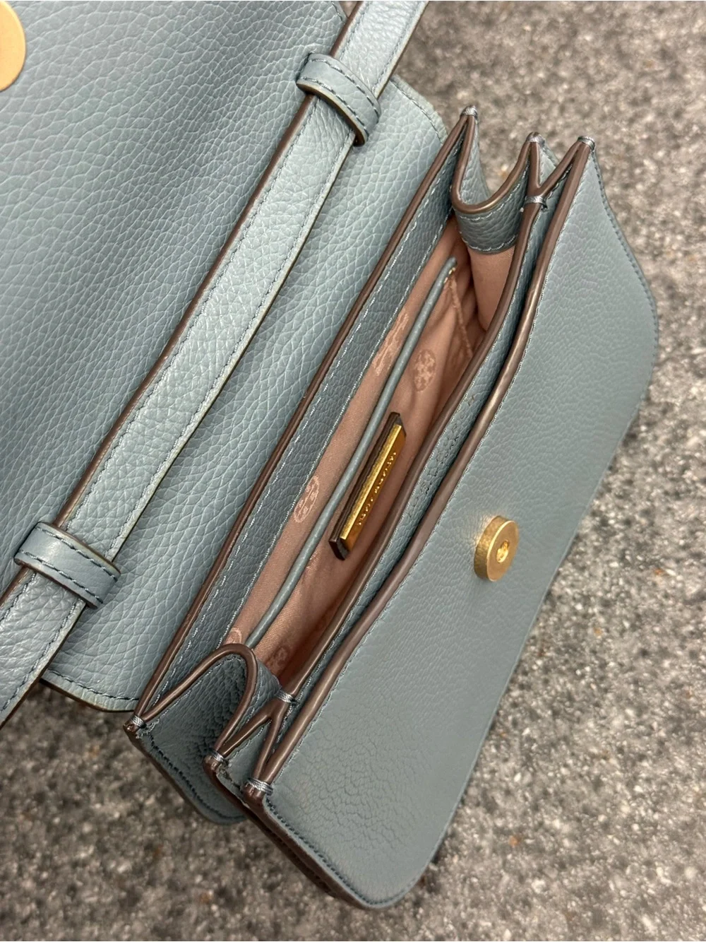 NWOT Tory Burch Britten Logo Saddle Bag Slate Blue/Brunnera Pebble Leather $458